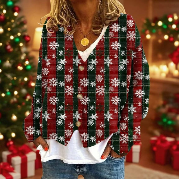 Wiyuqeen Christmas Cardigan Sweaters Women Ugly Crop Flannel Cardigan Jacket V Neck Button Down Long Sleeve Fall Cardigans