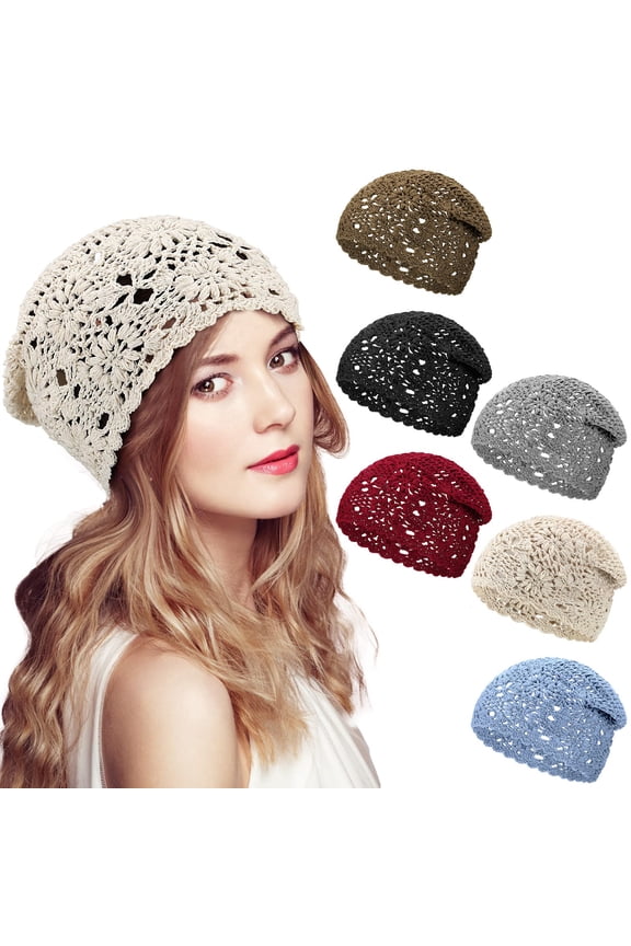 6 Pcs Women Crochet Hat Slouchy Knit Beanie Cotton Handmade Knit Hat Summer Winter Soft Comfortable Floral Skull Cap