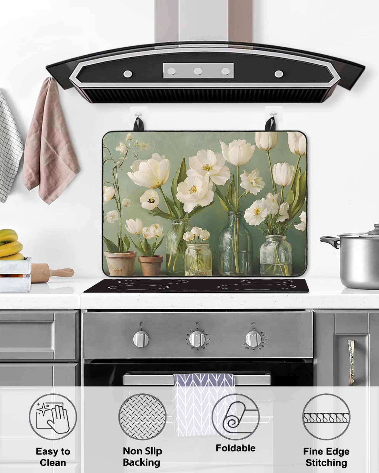 nqOlkjepod Large Induction Cooktop Protector Mat 24"x21", Flower Floral Stove Top Covers for Electric Stove, Watercolor Cottagecore Blooms Wildflowers Stove Burner Cover Mats, Glass Top Stove Cover