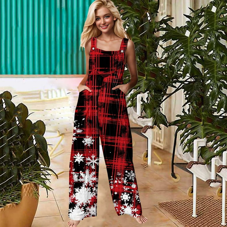 christmas overall dress pstuiky Christmas Outfits for Women, Women Christmas Overalls Print Loose Adjustable Overalls Wide Leg Belt Pocket Overallschristmas Jumpsuit for Women