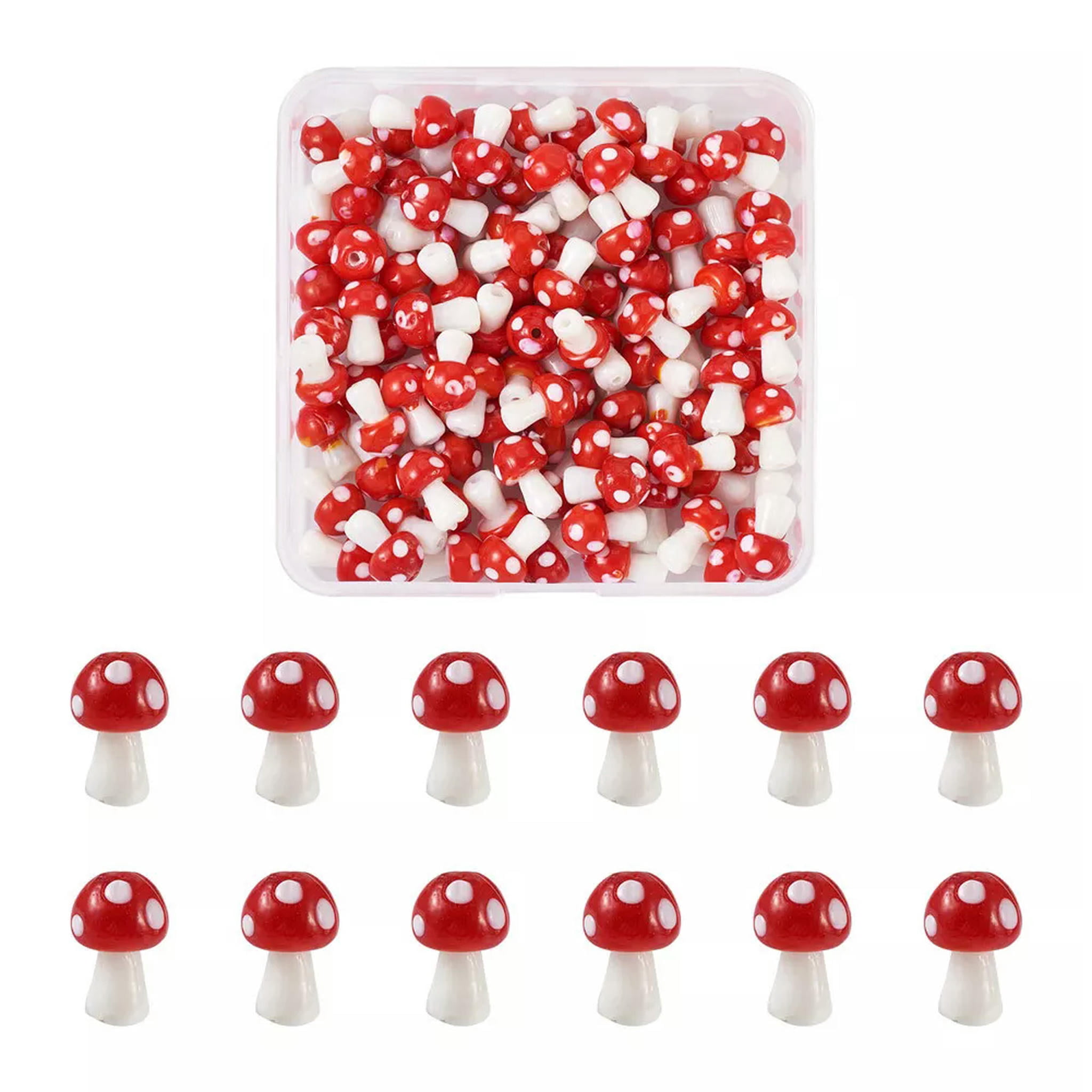 U8MO 100pc Red Mushroom Handmade Lampwork Glass Beads Smooth Cute Loose Spacer 16mm