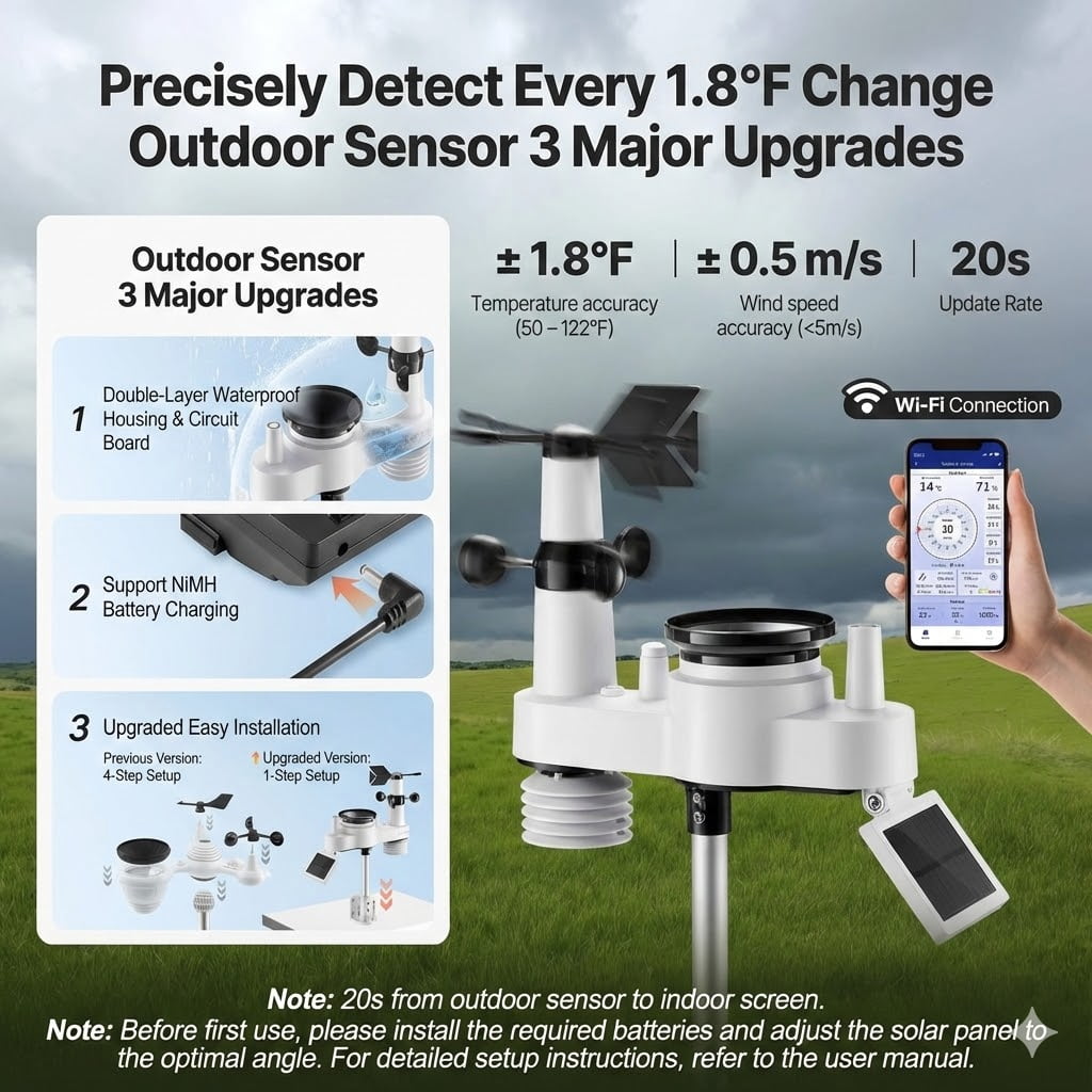 7-in-1 Wi-Fi Weather Station with APP, 7.5-Inch VA Display, Wireless Solar Powered Outdoor Sensor, Rain Gauge, Indoor Outdoor for Weather Forecast, Wind Speed, Temperature, Humidity, Rainfall