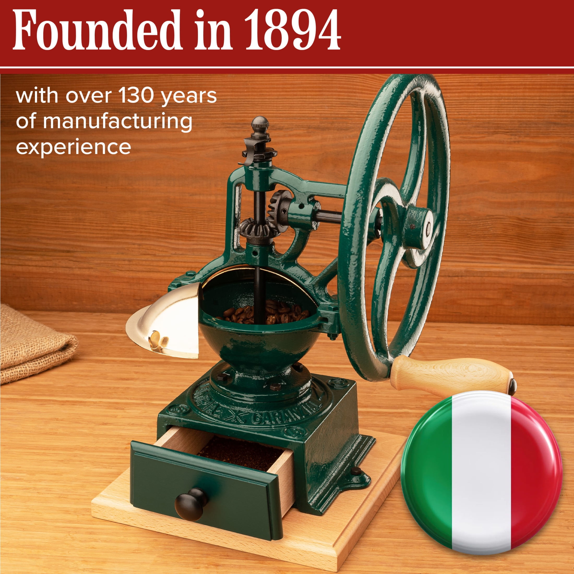 Classic Cuisine Manual Coffee Grinder - Cast Iron Conical Burr Coffee Bean Grinder (Green)