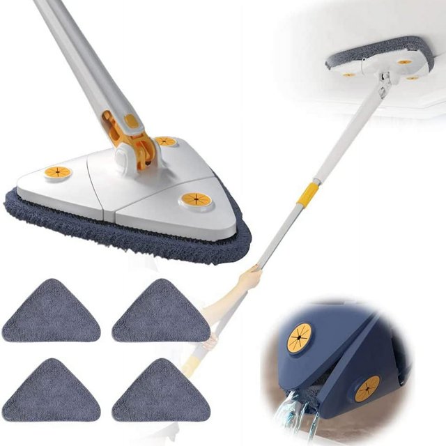 YOPTOP 360° Rotatable Adjustable Cleaning Mop 51" Extendable Triangle Mop with Long Handle Automatic Wringing Microfiber Spin Floor Cleaning Mop for Cleaning Walls Ceilings,white,with4moppads