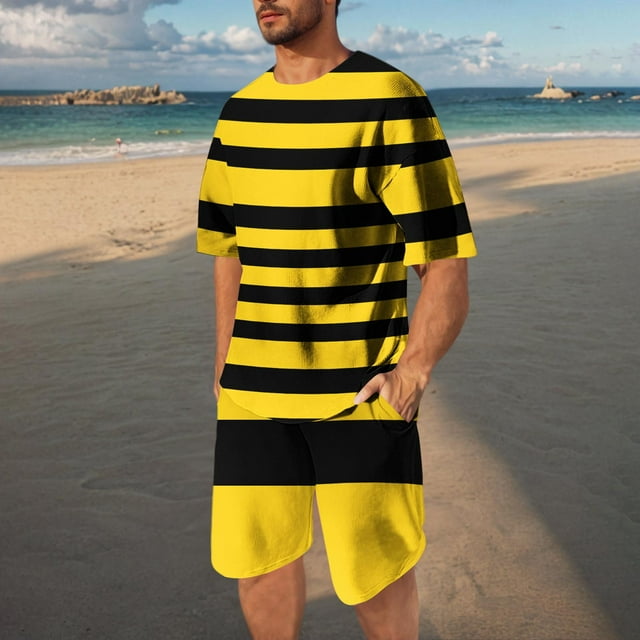 NTACZA Short Sleeve Mens Shorts Set Striped Crew Neck Tracksuits Mens Athletic Mesh Sweatsuits S
