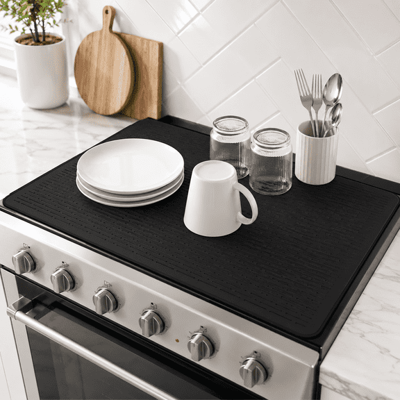 Silicone Stove Top Covers for Electric Stove, Glass Cooktop Protector, Dish Drying Mats For Kitchen, (Black,28 x 20 Inch,1PCS)