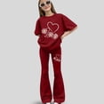 thumbnail image 2 of Girls Fall Outfits for School Girls Summer Clothes 2 Piece Short Sleeve Heart Print Tops Flared Flare Pants Set Cute Preppy Holiday Vacation Outfits, 2 of 4