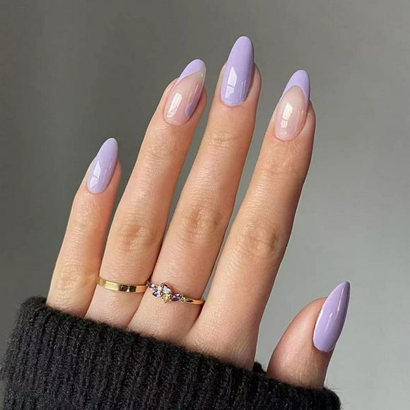 24 Pcs Cute Almond Press on Nails Medium Length Clear and Purple Fake False Nails with Glue, Gel Acrylic Nail Art for Women and Girls Stick on Nails