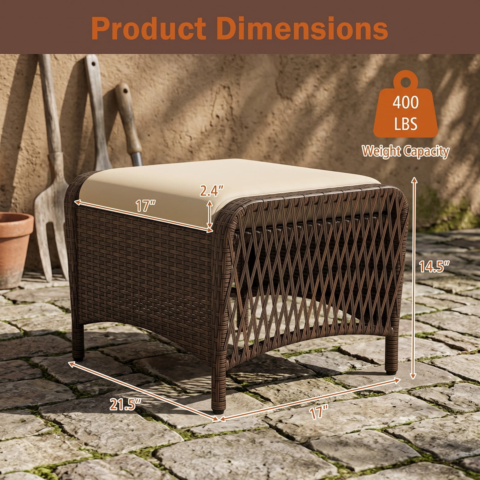 Furnibear Set of 2 Outdoor PE Wicker Patio Ottomans with Removable Cushions for Foot Rest, Extra Seating and Side Table Use, Beige