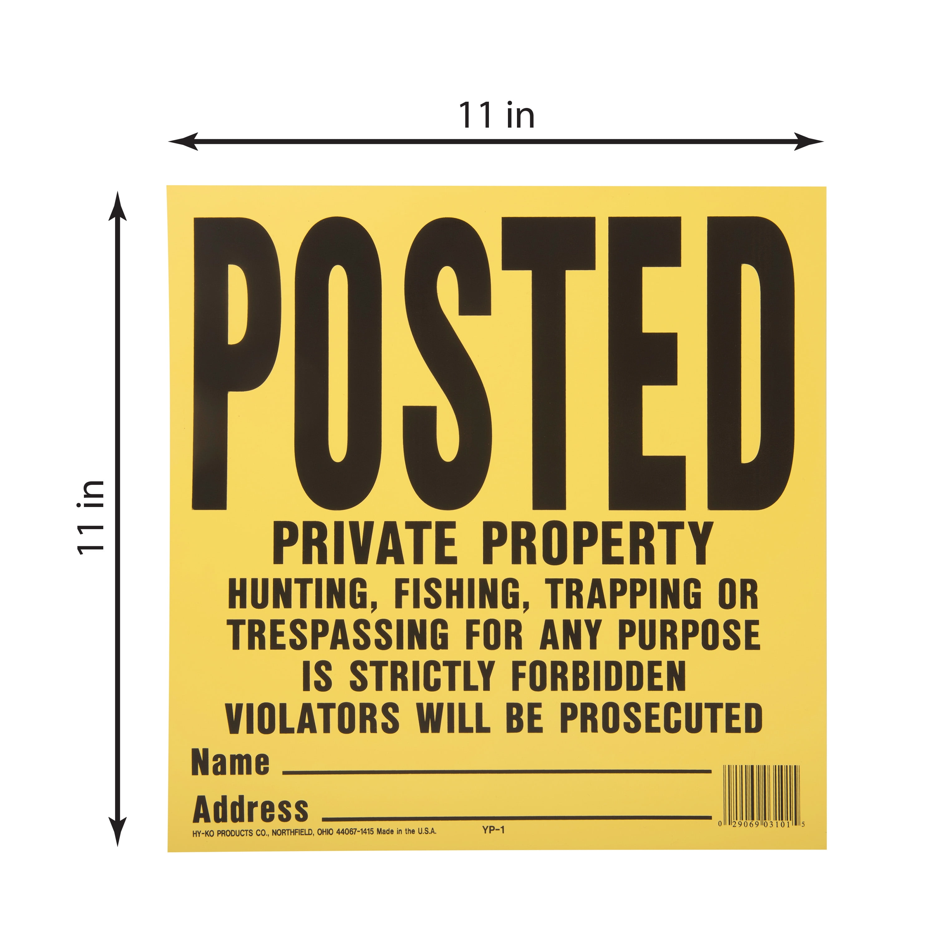 Hy-Ko Yellow 11 x 11 inch Plastic Posted Private Property Sign