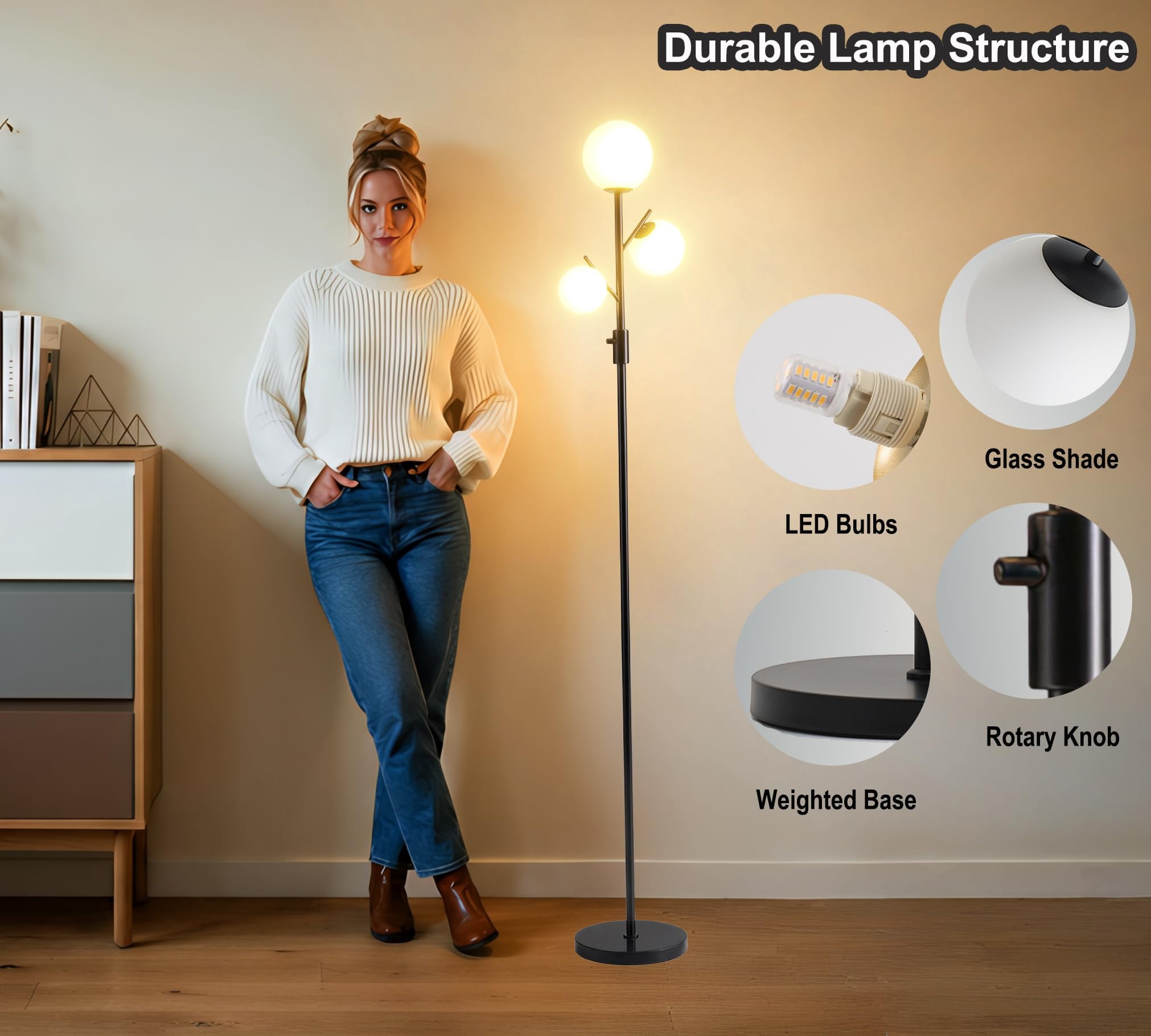 Mid Century Modern 3 Globe Tree Floor Lamp - Dimmable Led Standing With Bulbs  Warm Light For Living Room Bedroom Office Black