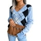 thumbnail image 5 of Mujer Suéter con estampado de rombos y cuello en V Pullover Tops Prendas de punto sueltas XBTCLXEBCO T S, Azul, 5 of 6