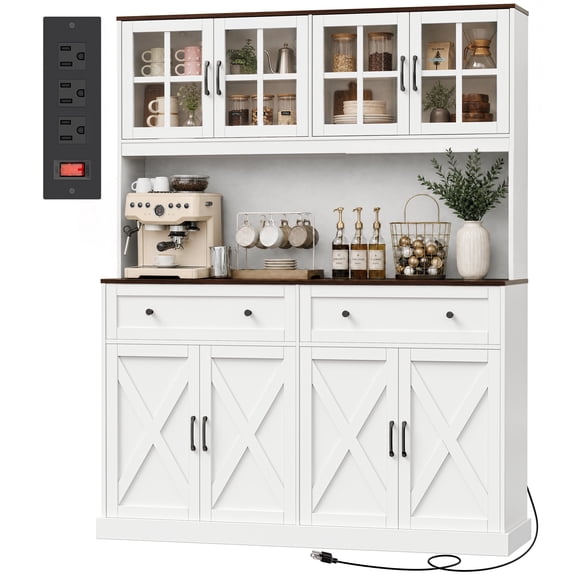 Amadwell 71 Inch Pantry Cabinet with 2 Drawers, 55.1''W Kitchen Pantry with Charging Station, Farmhouse Hutch Cabinet, Coffee Bar with Storage for Dining Room, White