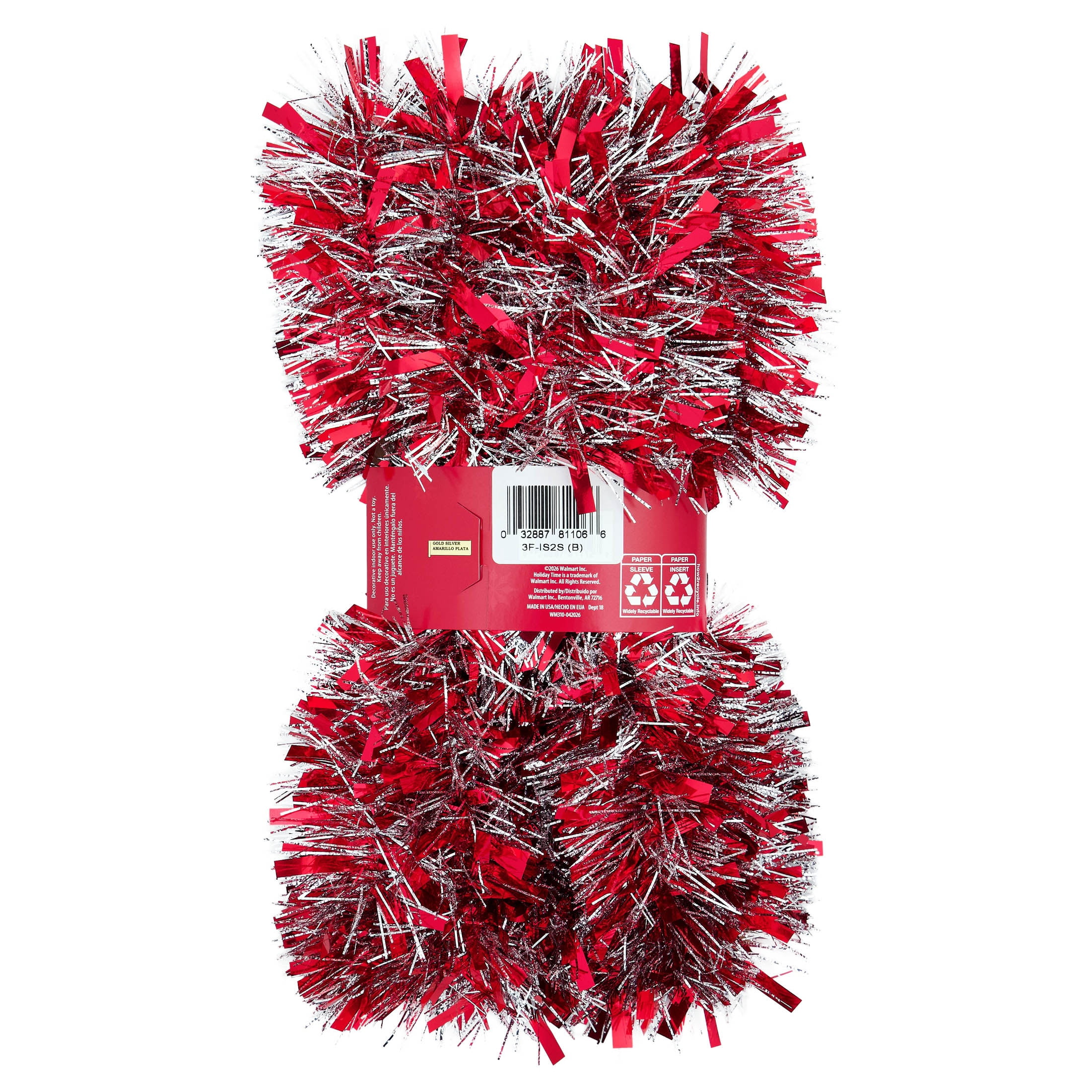 Tinsel Christmas Garland, Red and Silver, 12', by Holiday Time