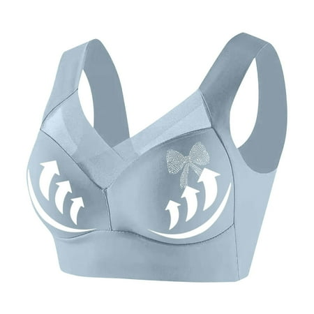 Ousvtion Clearance Deals Daisy Bras for Womens Bow Diamond Bralette Full-Coverage Wireless Lingerie Push Up Bra with Support Lifting Seamless Mesh Bralettes Light Blue 6X-Large