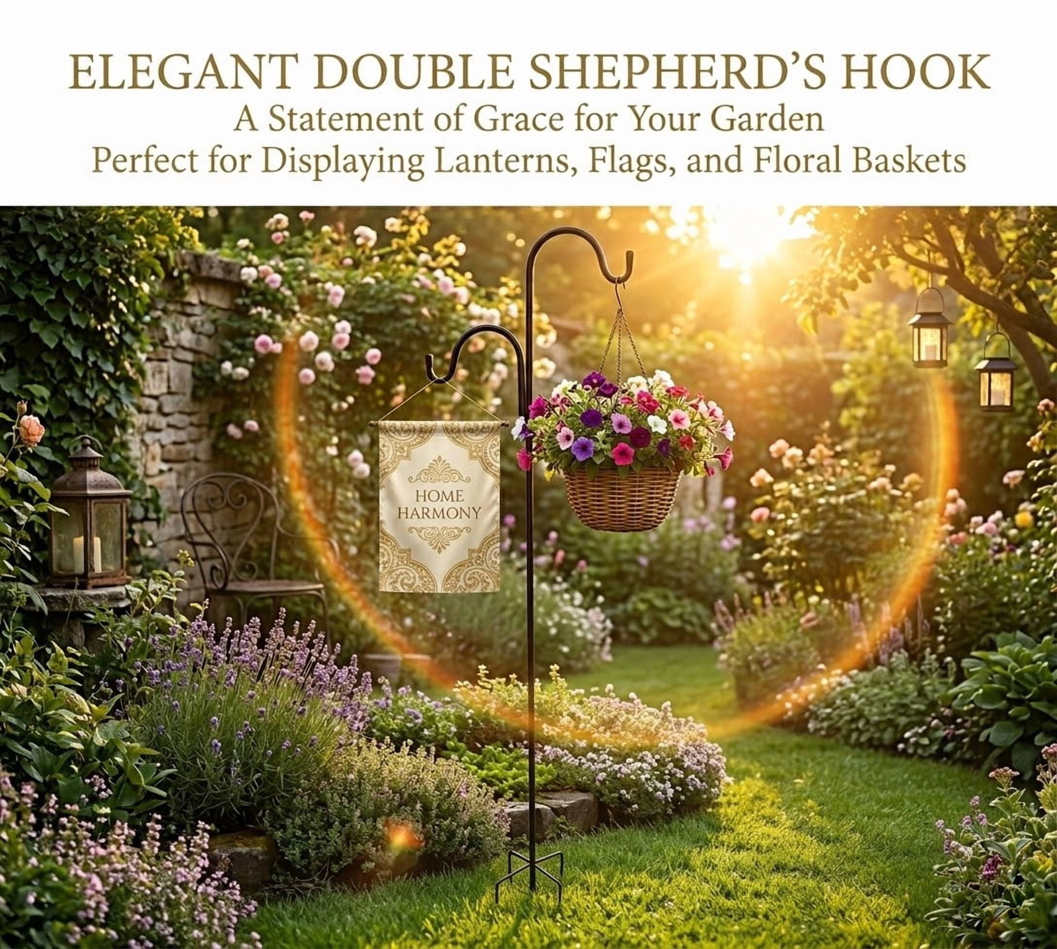Double Shepherds Hooks for Outdoor,  2 Pack 78 Inch Bird Feeder Pole with 5 Prongs Base, Heavy Duty Garden Hook for Hanging Plant, Lantern, Hummingbird Feeder