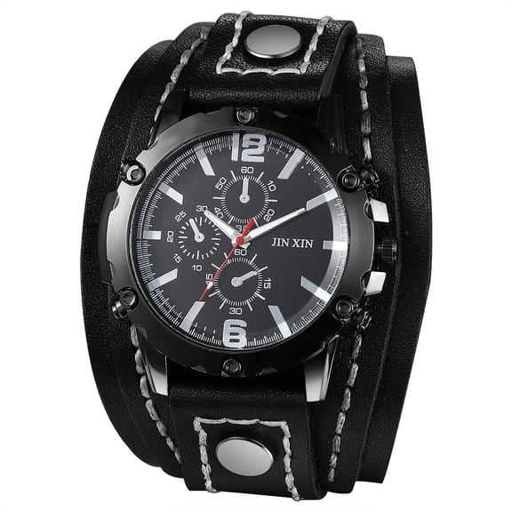 Avaner Mens Watches Vintage Punk Hiphop Gothic Wide Genuine Leather Fashion Cuff Round Quartz Wristwatch Big Dial Black Brown