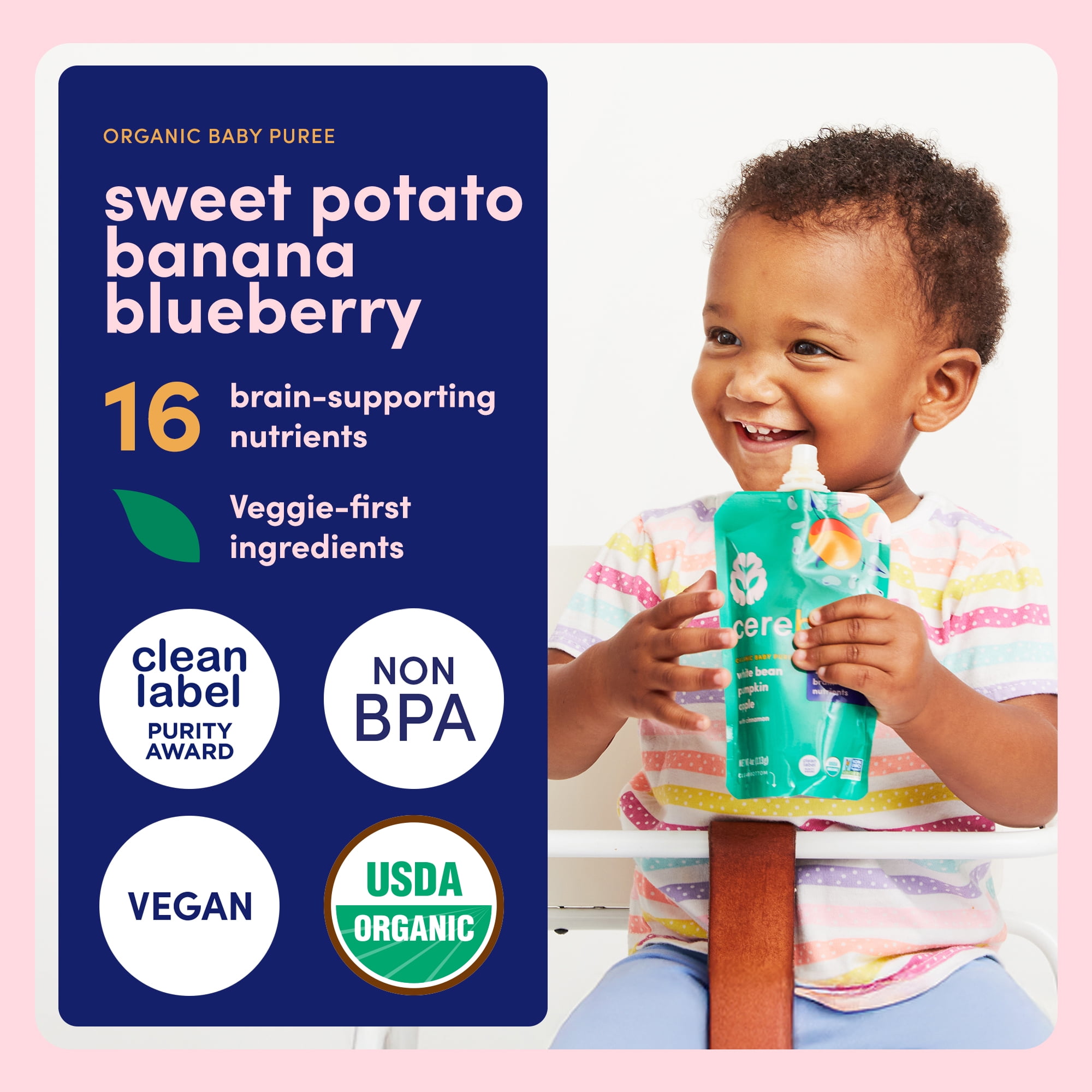 Cerebelly Organic Baby Food, Sweet Potato Banana Blueberry, 4 oz Puree Toddler Pouches, 6 Pack