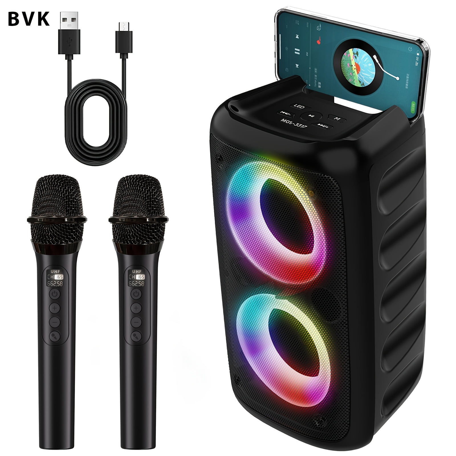 Dual-Speaker Smart Wireless Floor-Standing Speaker System with RGB Lighting, Stereo Sound, Wired/Wireless Mic Compatible for Theater/Parties/Outdoor Audio & Low-Frequency
