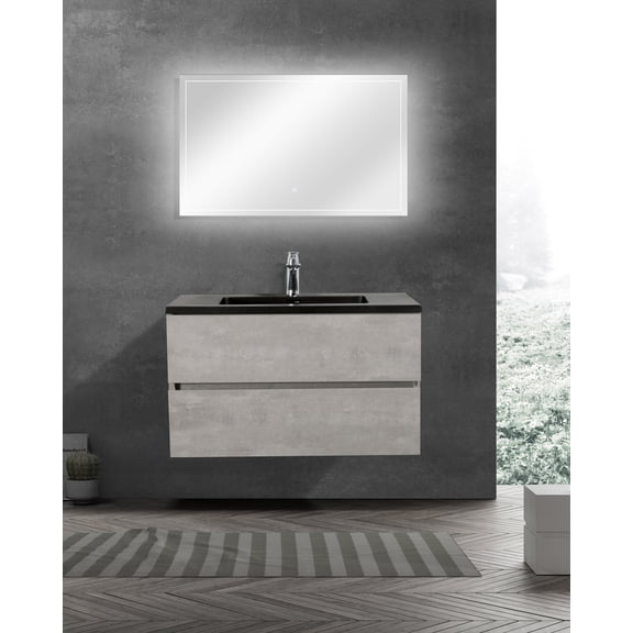 EDD Cement Gray Wall Mount Vanity With A Integrated Black Sink