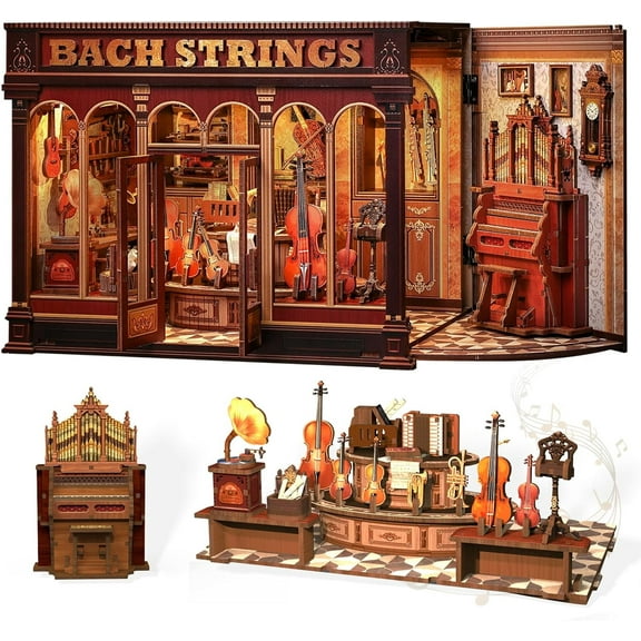 Book Nook Kit - DIY Miniature House Dollhouse Kit for Adult and Teens, Booknook Bookshelf Decor Alley Model Build with LED Light, Gifts for Family and Friends (Bach Strings)