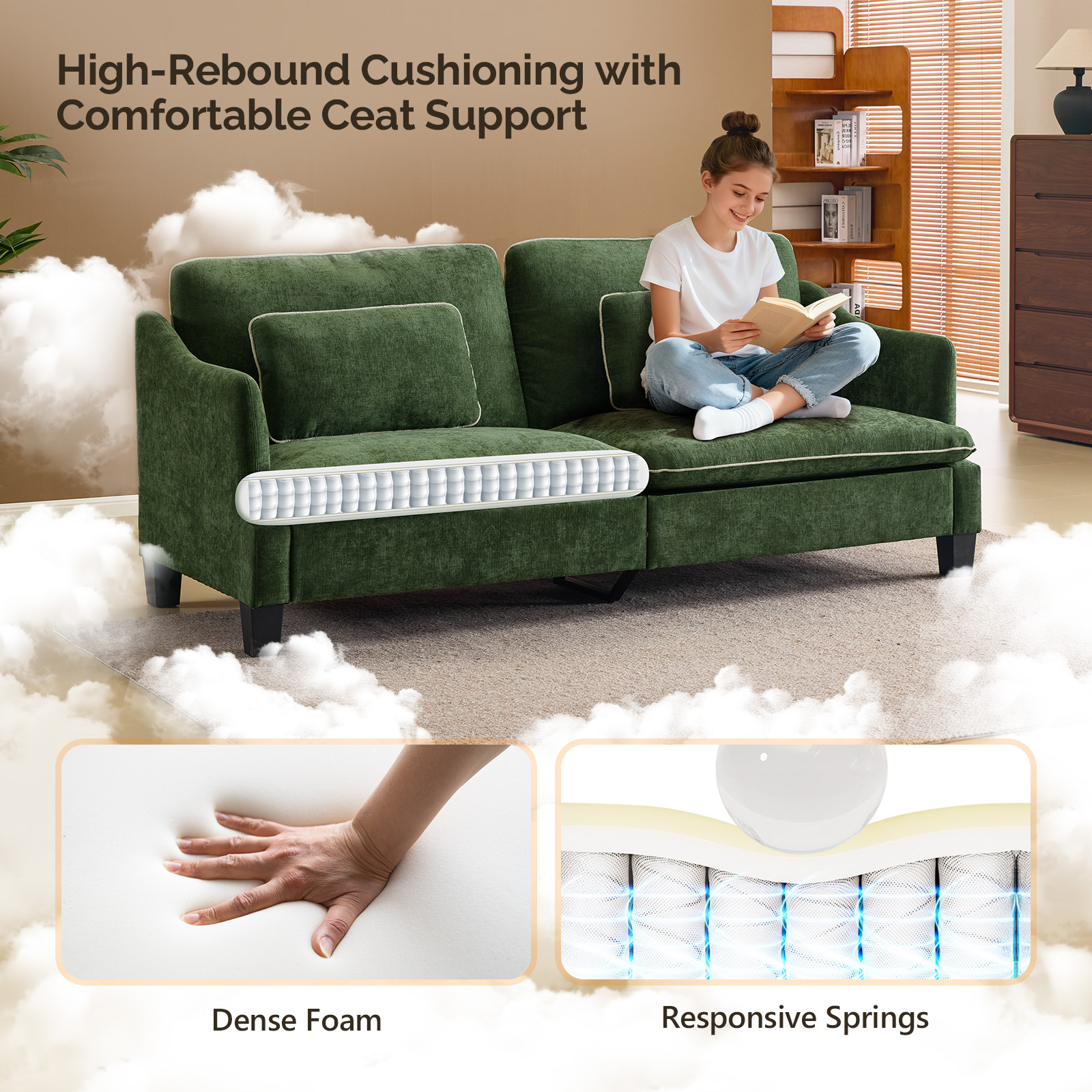 Ktaxon 84" Sofa, Linen Fabric Deep Seat Couch with Lumbar Pillows, Oversized Loveseat for Small Spaces, Living Room Green