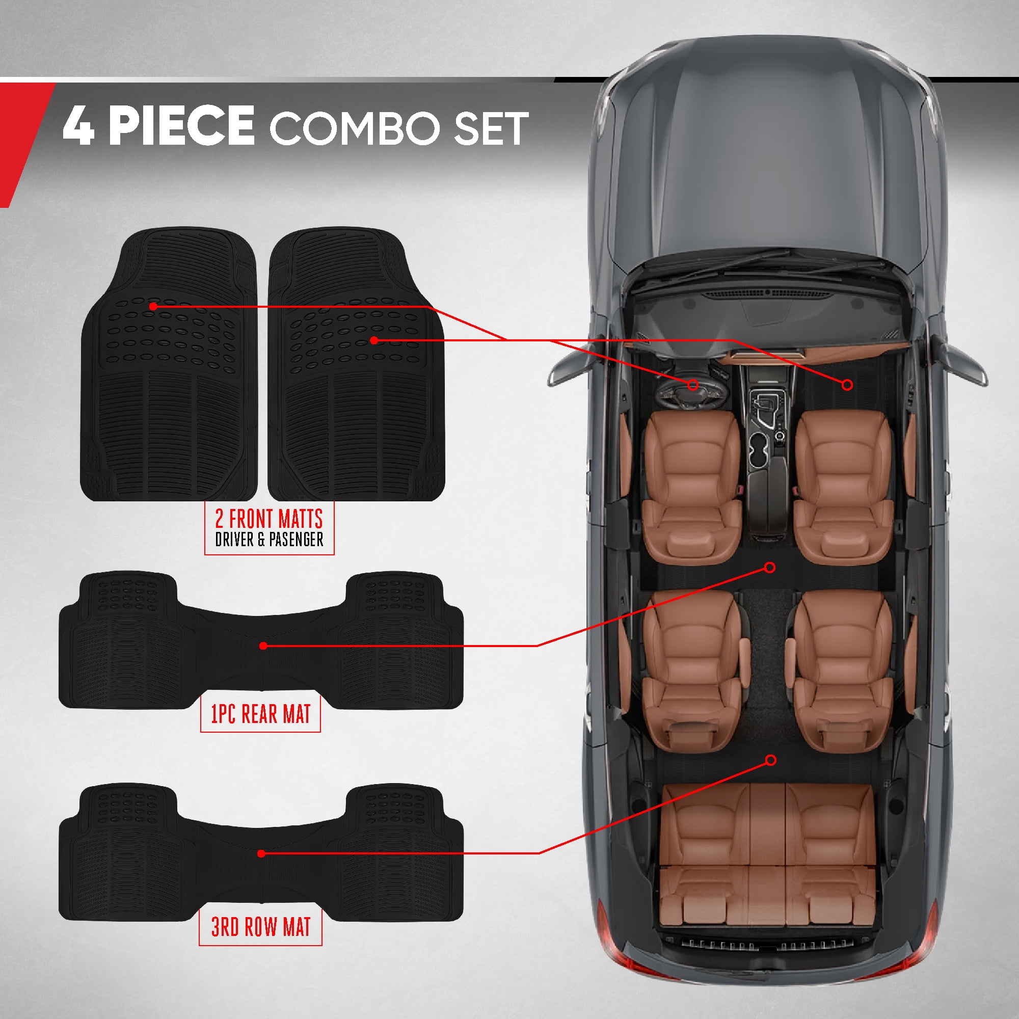 BDK All Weather Rubber Floor Mats for Cars - Fit 3 Rows Full Set, Heavy Duty Car Mats - Fit Well, Easy to Install & Clean No Slip Design - Universal SUV, Van, & Car Accessories (Black)
