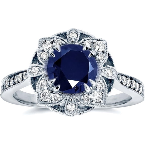 Dreamofdazzles Jewels 1.70 Ct Round Cut Sapphire & White Diamond Engagement Wedding Antique Style Floral Band Ring 14K White Gold Plated 925 Sterling Silver For Women's -5