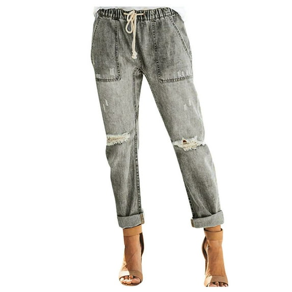 asdoklhq Women Plus Size Clearance Pants Women Pull-On Distressed Denim Joggers Elastic Waist Stretch Pants