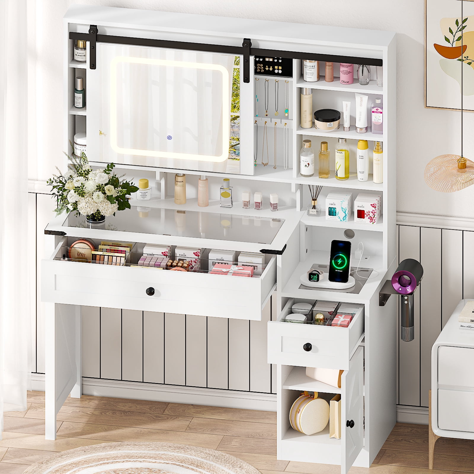 Ktaxon Farmhouse Makeup Vanity with Sliding Barn Door,  Vanity Table Set w/ Lighted Mirror, White