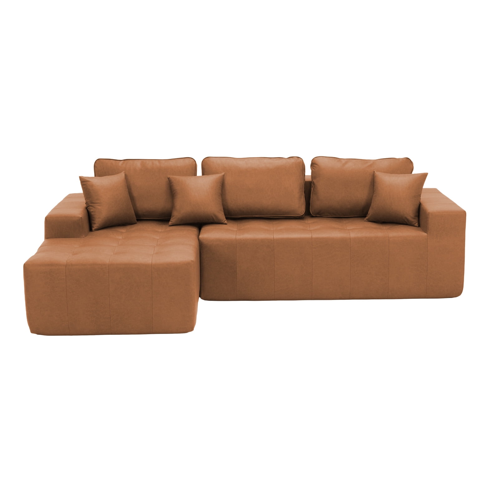 No-Assembly Faux Leather Corner Chaise Compression Sofa Bed, L-Shaped Sectional Couch with High-Density Sponge for Living Room, Light Brown