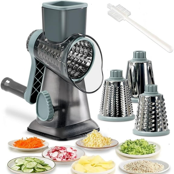 FANGNISN Cheese Shredder, Rotary Cheese Grater with Handle Vegetable, Slicer Grater for Kitchen, 3 Changeable Blades for Cheese Potato Zucchini Nuts Chocolate, Lx9" Wx4.25" Hx9.25", Grey Blue