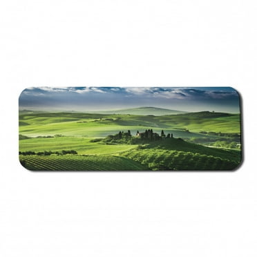 Nature Computer Mouse Pad, Rising Sun in the Valley Dark Cloudy Sky Landscape Dramatic Pastoral Heaven Print, Rectangle Non-Slip Rubber Mousepad Large, 31" x 12" Gaming Size, Green Blue, by Ambesonne