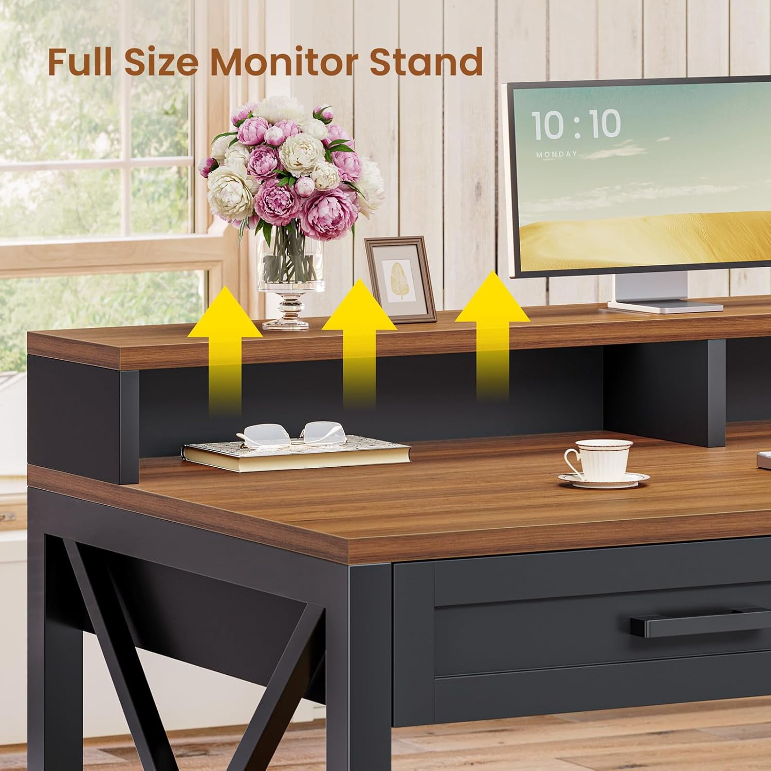 Farmhouse Desk with Power Outlets, 55" Computer Desk with Drawers & Monitor Stand, Corner Desk with Printer Stand & LED Lights, Black Desk Writing Desk Study Table for Small Space
