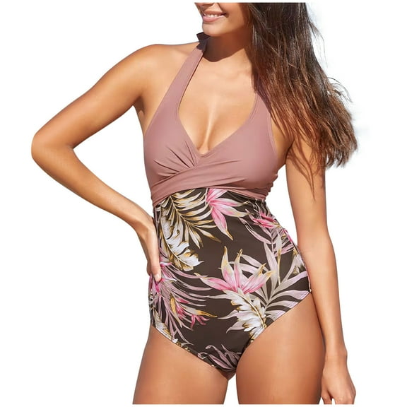 Halter Swimsuit Ladies One Piece Cross Lace-up Fashion Sexy Bikini Swimwear Printed Beach Bathing Suit (X-Large, Pink)