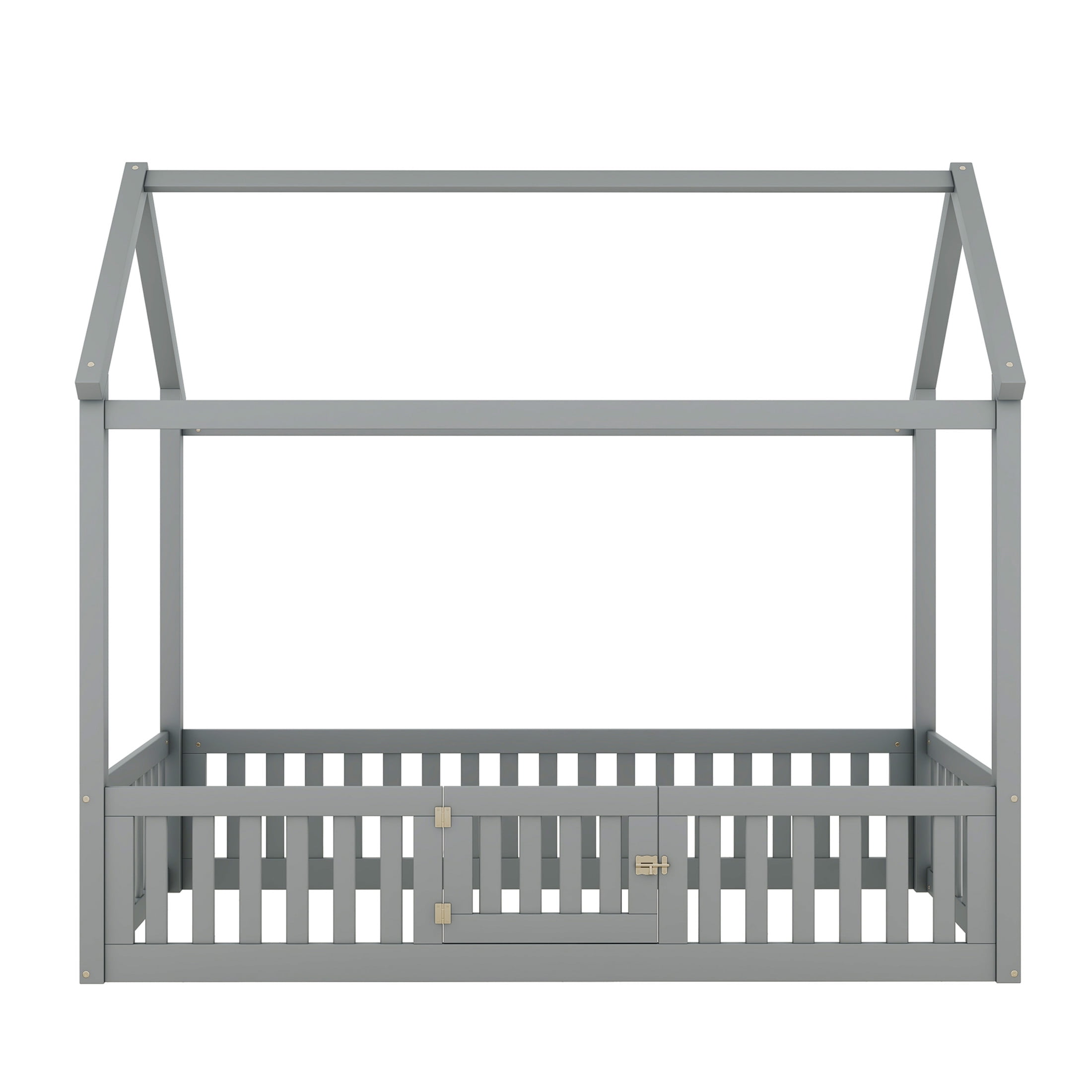 Noble House Solri Twin Size Wood House Bed with Fence and Door, Whimsical Play Bed with Sky Roof, Gray