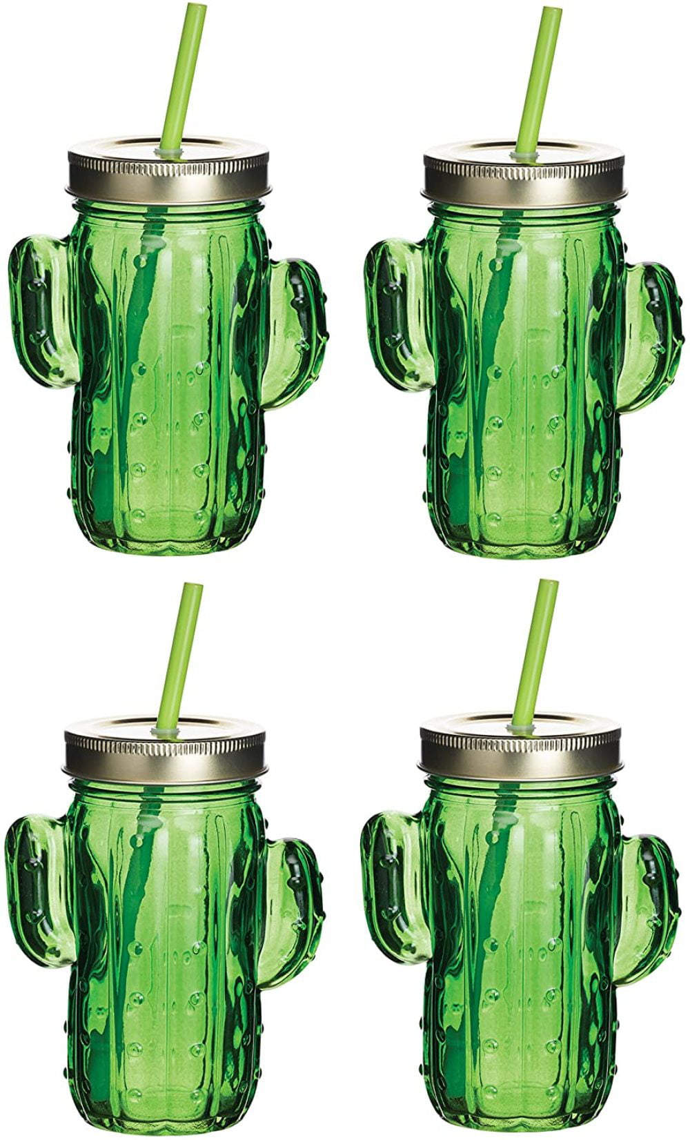 Green Glass Cactus Drinking Jar With Screwtop Lid And Straw ~ Colour Vary 