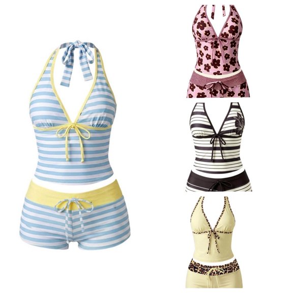 Womens Split Tankini Swimsuit Set Halter Neck Adjustable Tie Top Boyshort Swim Trunks Multi Print Beach Pool Outfit S-XL