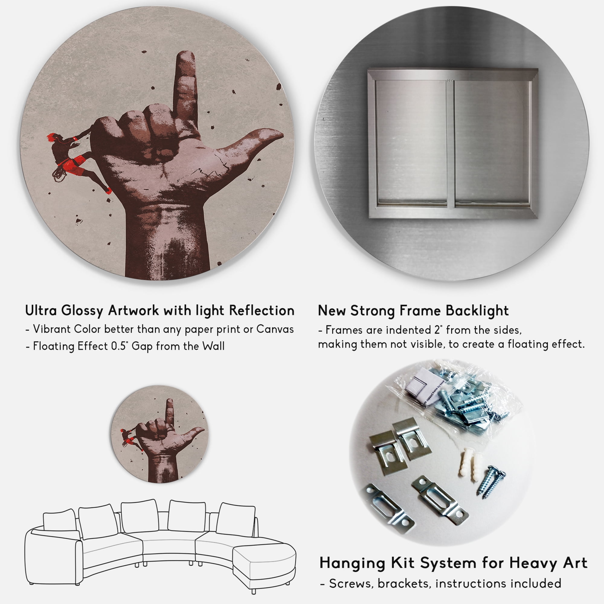 Designart 'Climber With Finger Pointing Up Sign' Modern Circle Metal Wall Art 23x23 - Disc of 23