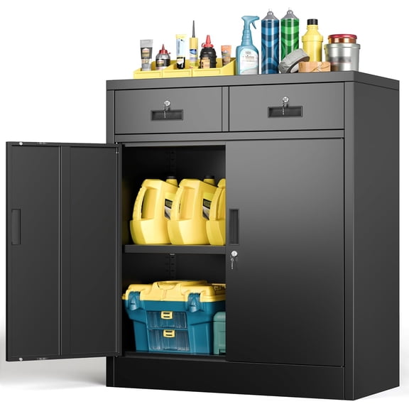 Metal Storage Cabinet with Doors and Shelves, 36" H Locking Storage Cabinet with 2 Drawers, Reinforced Heavy Duty Metal Cabinets for Garage, Office, Home(Black)