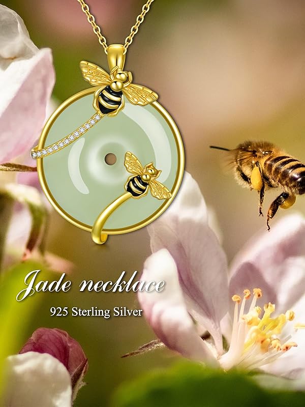 JKR Jade Necklace for Women Sterling Silver Round Cat/Hummingbird/Dragonfly/Butterfly/Bee Jade Jewelry Birthday Gifts Women Mom Wife Grandma