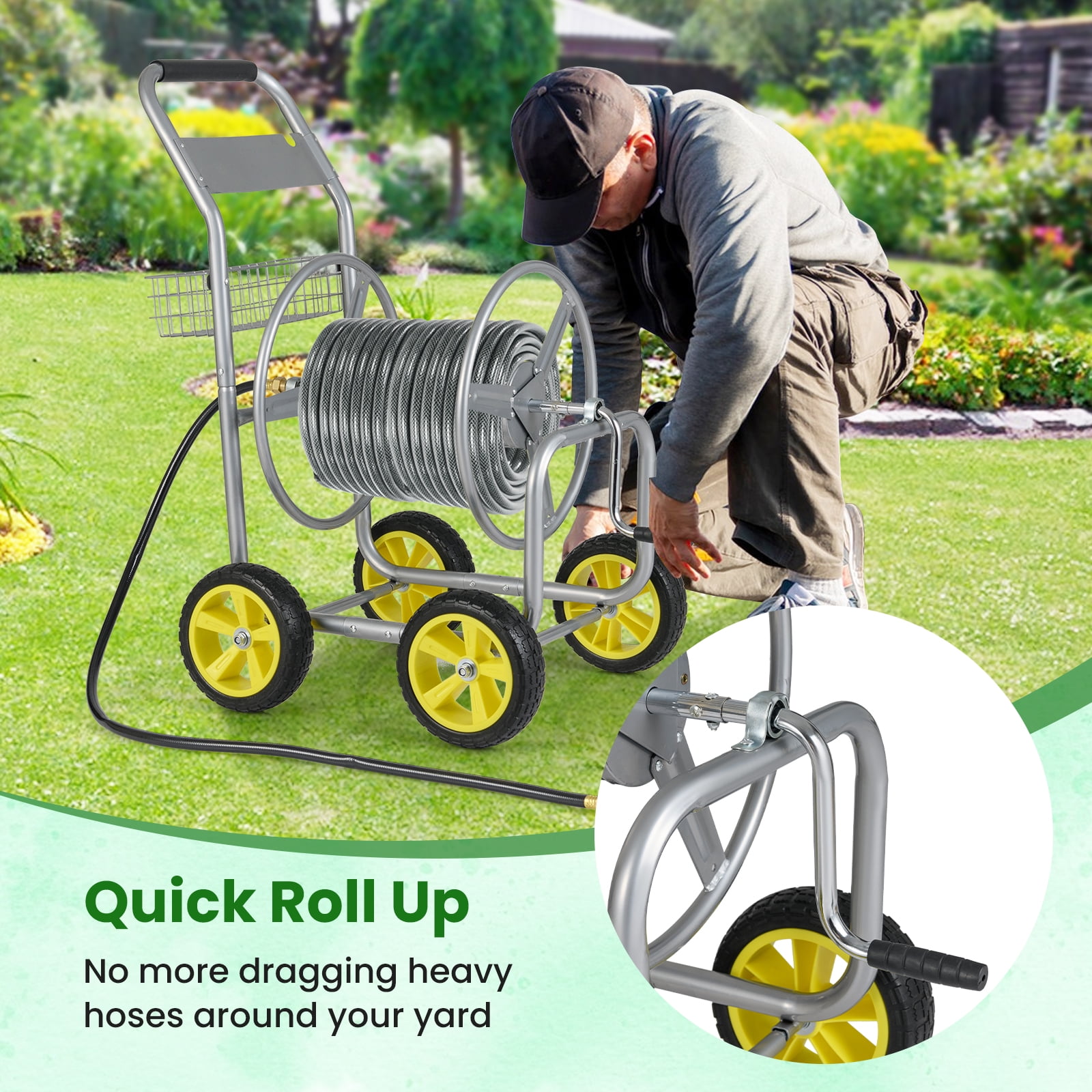 Gymax Garden Hose Reel Cart 300 FT of 5/8'' Large Capacity Heavy-Duty Metal Hose Cart Silver