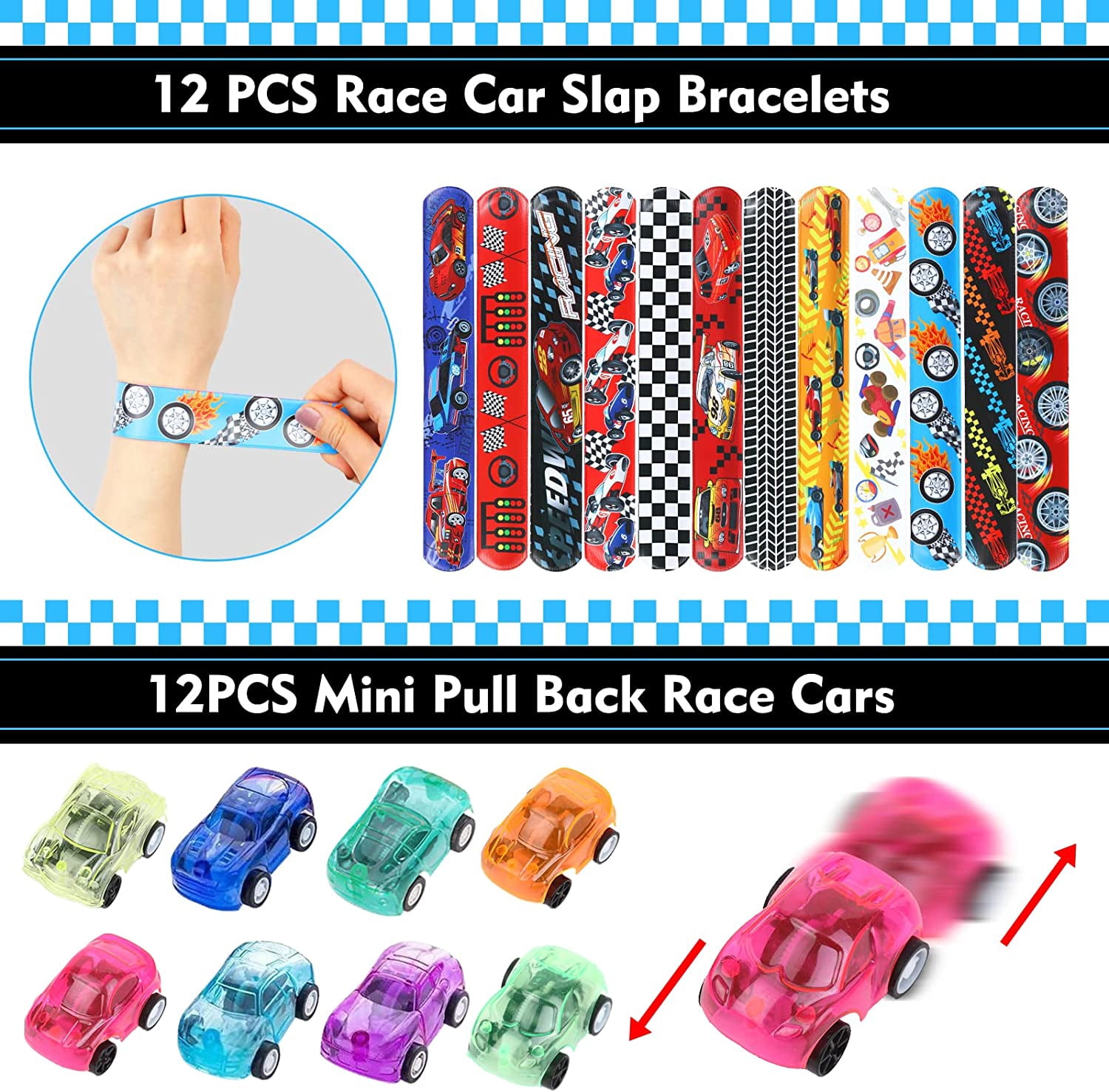 12 Pack Race Car Party Favors for Kids Boys Checkered Gift Bags Flags Keychains Straws Slap Bracelets Mini Race Cars Tattoo Race Car Themed Birthday Party Supplies Baby Shower Goodie Bag Pinata Filler