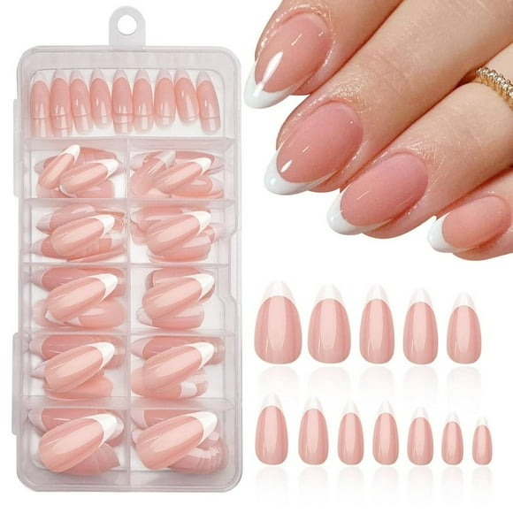 LOVEVER French Tip Press on Nails Medium Almond Fake Nails White French Tips Nails Press on with Design Glossy Full Cover Acrylic Glue on Nails Cute False Nails Stick on Nails for Women D