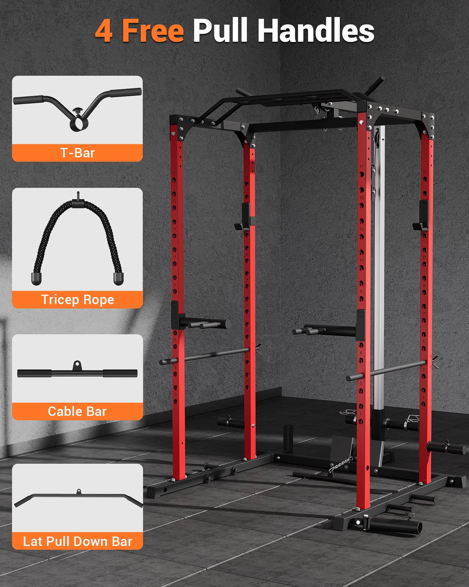 JoanKaren Power Cage with Lat Pull Down & Low Row System,Multi-Functional Squat Rack with J-Hooks,360°Landmine Attachment,Black