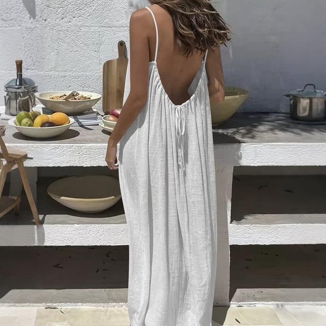 TaTaai Women's Casual Loungewear Maxi Dress Sleeveless Backless Slip Dress Solid Color Round Neck Loose Fit Summer Nightgown Gift