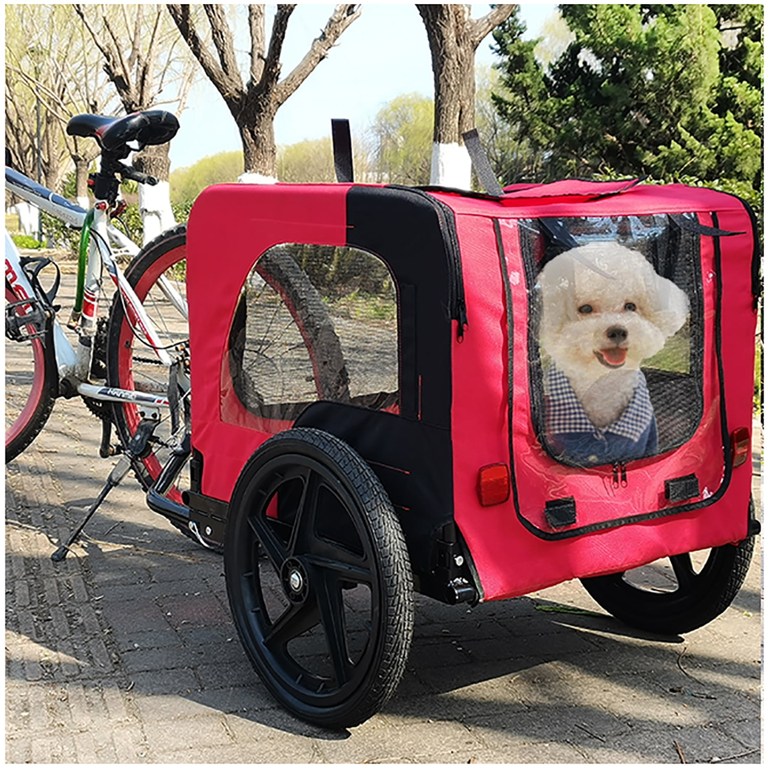 Pefilos 16" Dog Bike Trailer, Pet Stroller Bicycle Carrier w/Hitch, Suspension, Visibility Flag, air wheel Pet Bike Trailer for Dogs 66lb Weight Capacity, Red Pefilos 16" Dog Bike Trailer, Pet Stroller Bicycle Carrier w/Hitch, Suspension, Visibility Flag, air wheel Pet Bike Trailer for Dogs 66lb Weight Capacity, Red