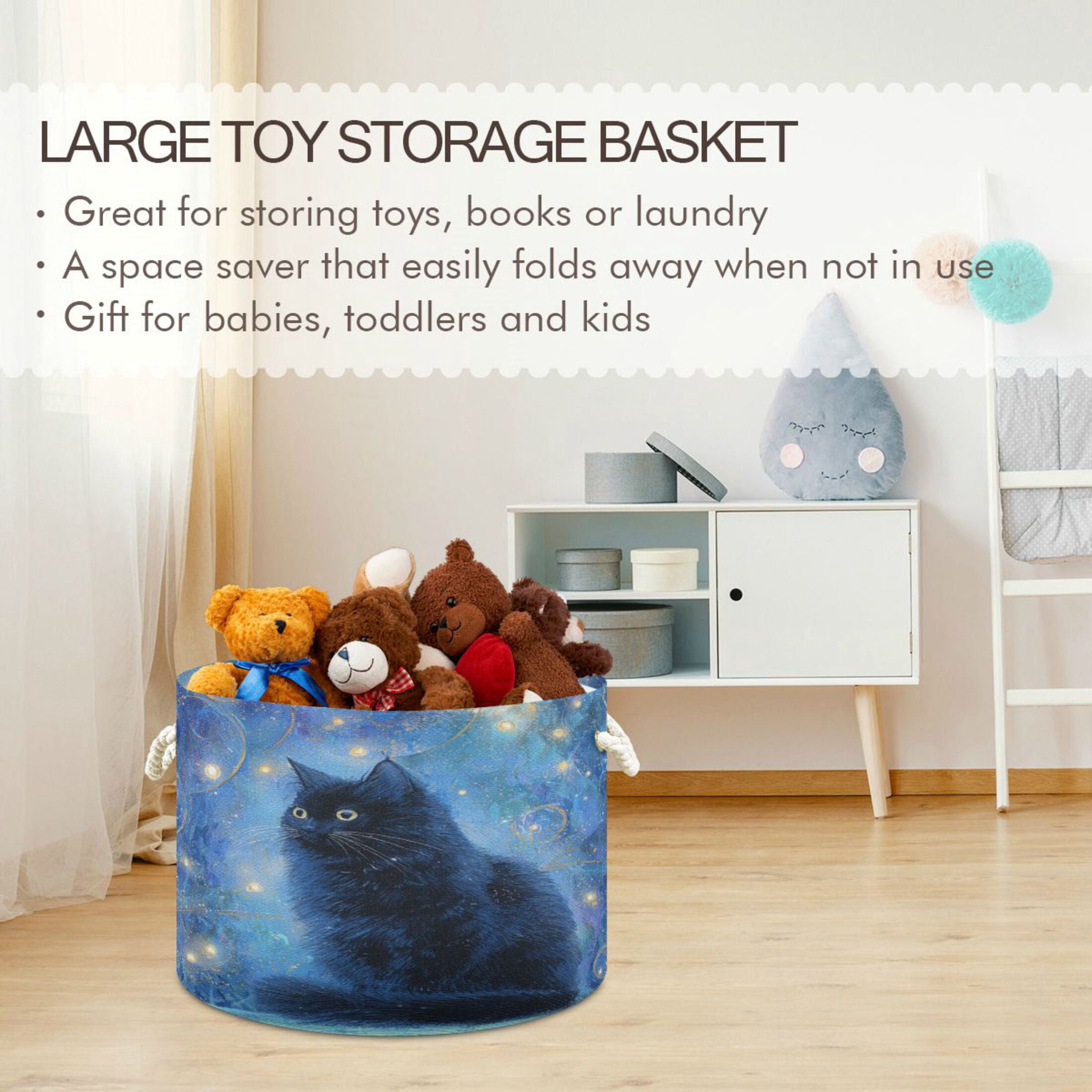 Round Toy Storage Basket Foldable Storage Basket for Home Decor Laundry Basket20" x 14" Dazed Black Cat