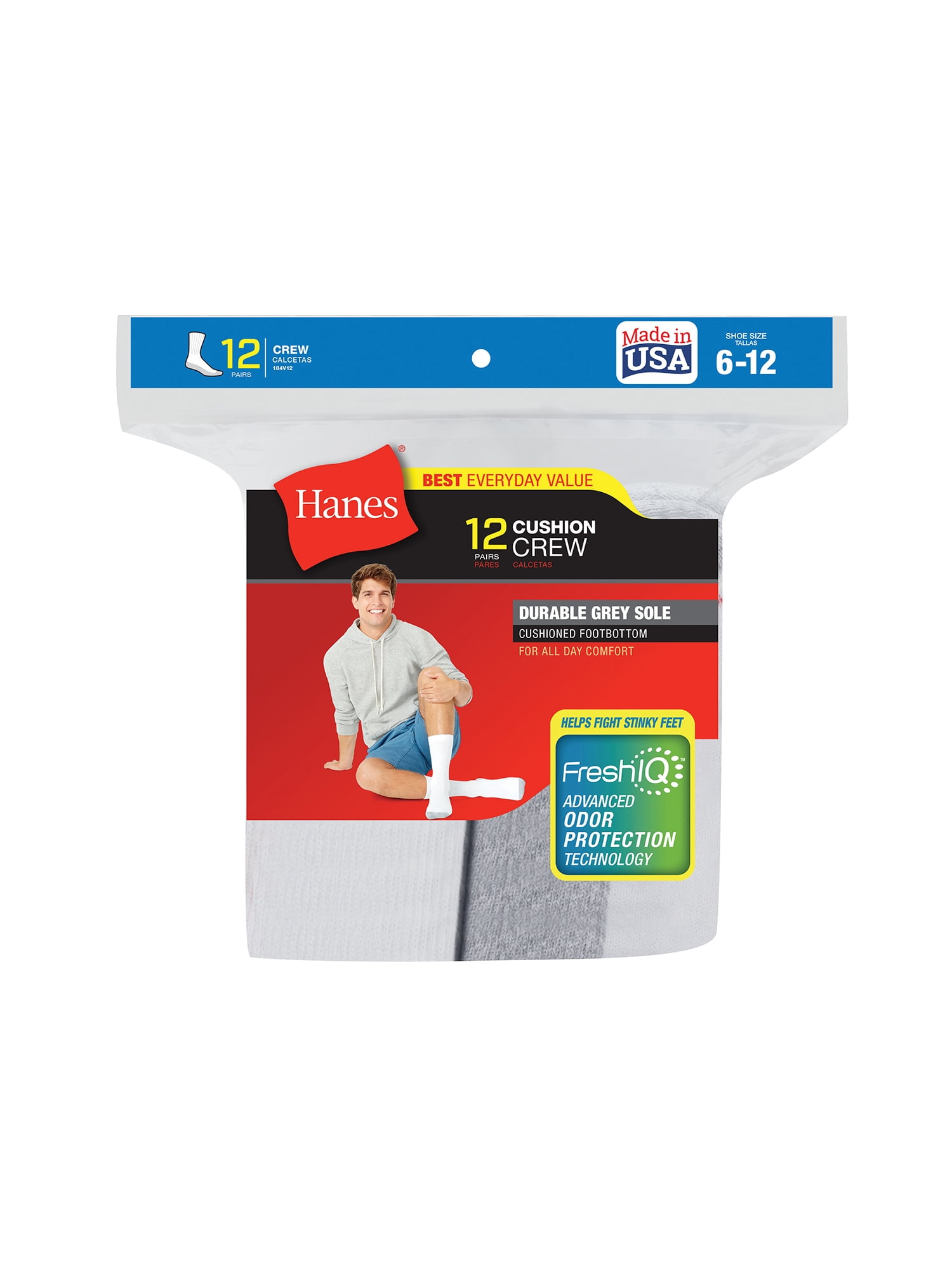 Hanes - Hanes Men's Fresh IQ Crew Cushion Socks 12 Pack - Walmart.com ...