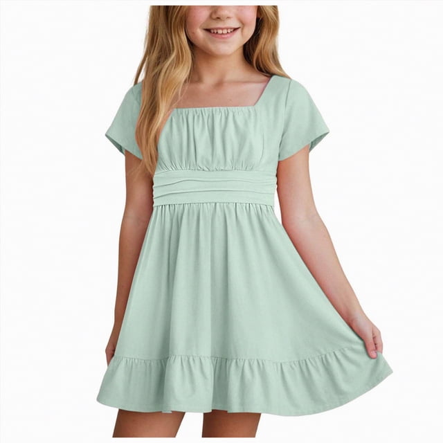 Gubotare Robe d'Été pour Fille Robe Sans Manches Trapèze Mini pour Fille Froncée à Volants Évasée Robes Taille 14-15 (Vert Pâle, 14-15 Ans)